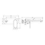 Fienza Empire Slim wall basin/bath mixer set technical drawing, oval plate and 200mm spout in Urban Brass, side and front views