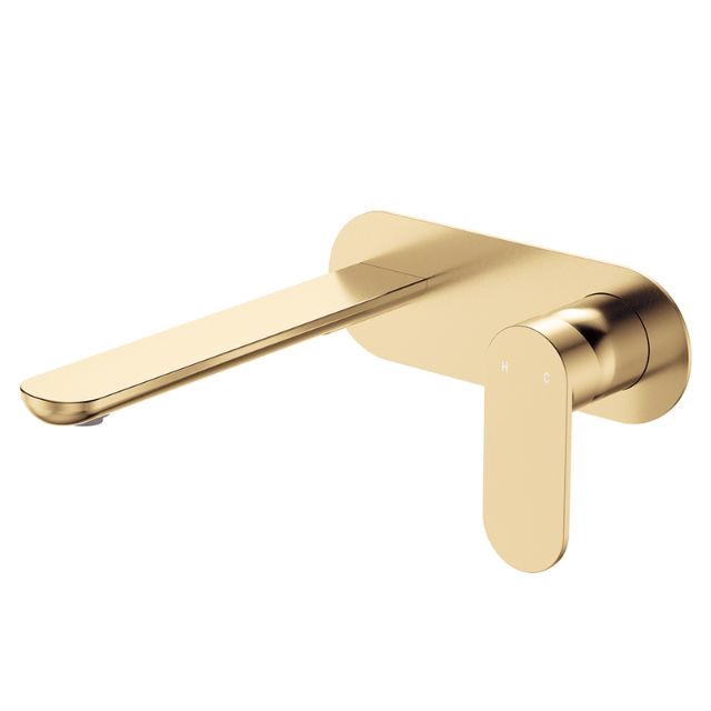 Fienza Empire Slim wall basin/bath mixer set in urban brass, with oval wall plate and slim swivel spout