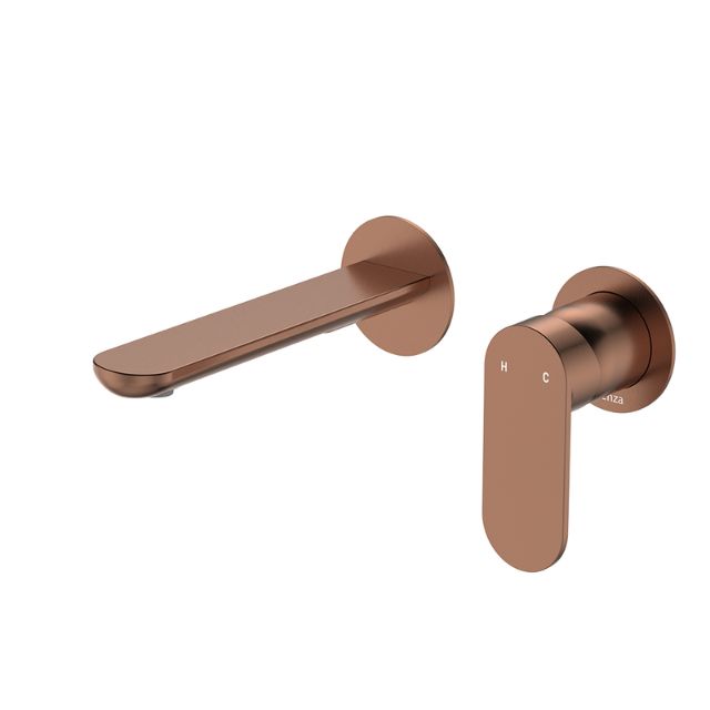 Fienza Empire Slim wall basin/bath mixer set in brushed copper, with round plates and slim spout, shown on white background