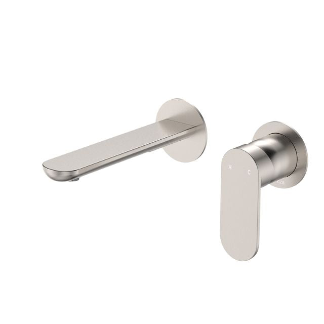 Fienza Empire Slim brushed nickel wall basin/bath mixer set with round plates and 160mm swivel outlet