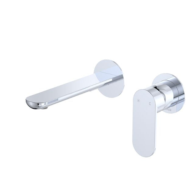 Fienza Empire Slim wall basin/bath mixer set in chrome with round plates and slim 160mm spout, shown on white background