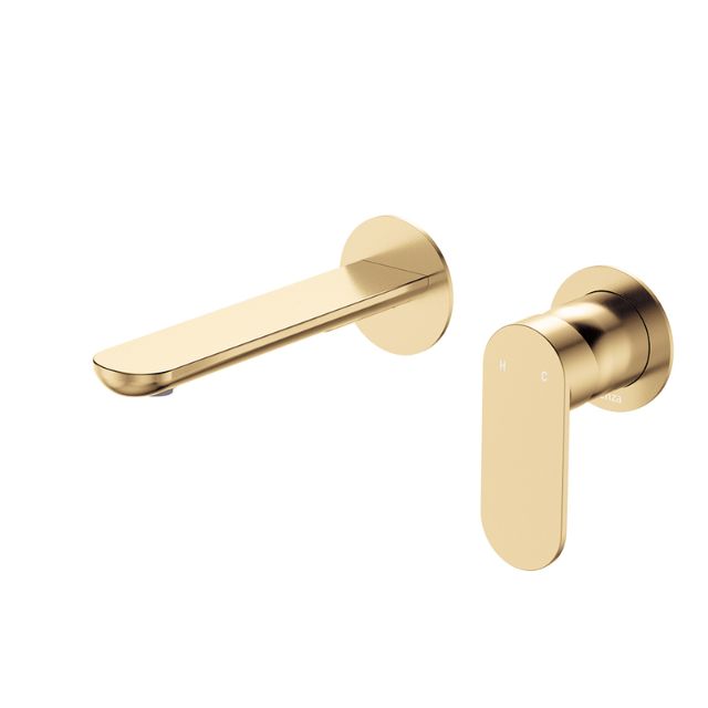 Fienza Empire Slim wall basin/bath mixer set in urban brass, with round plates and slim 160mm spout