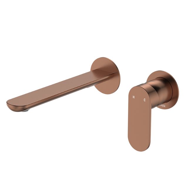 Fienza Empire brushed copper wall basin/bath mixer set with round plates and 200mm slim outlet, shown on white background