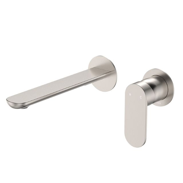 Fienza Empire Slim wall basin/bath mixer set in brushed nickel with round plates and slim lever handle