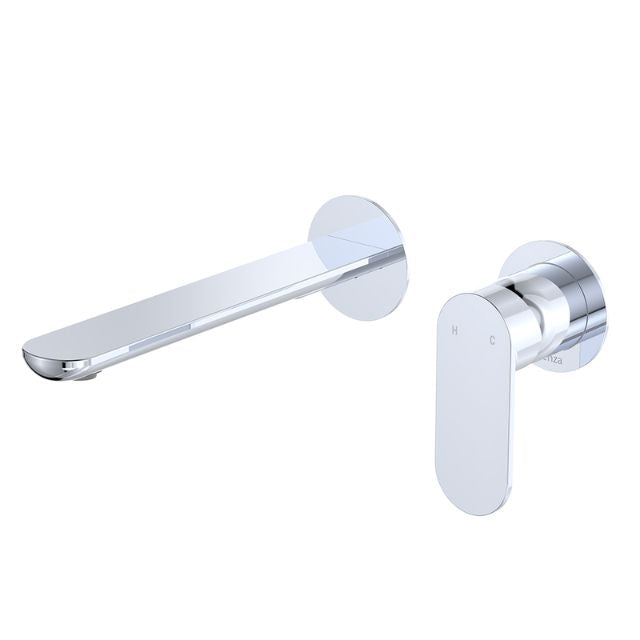 Fienza Empire Slim chrome wall basin/bath mixer set with round plates and slim spout, shown on white background