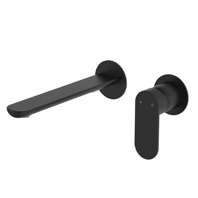 Fienza Empire matte black wall basin/bath mixer set with round plates and 200mm slim spout