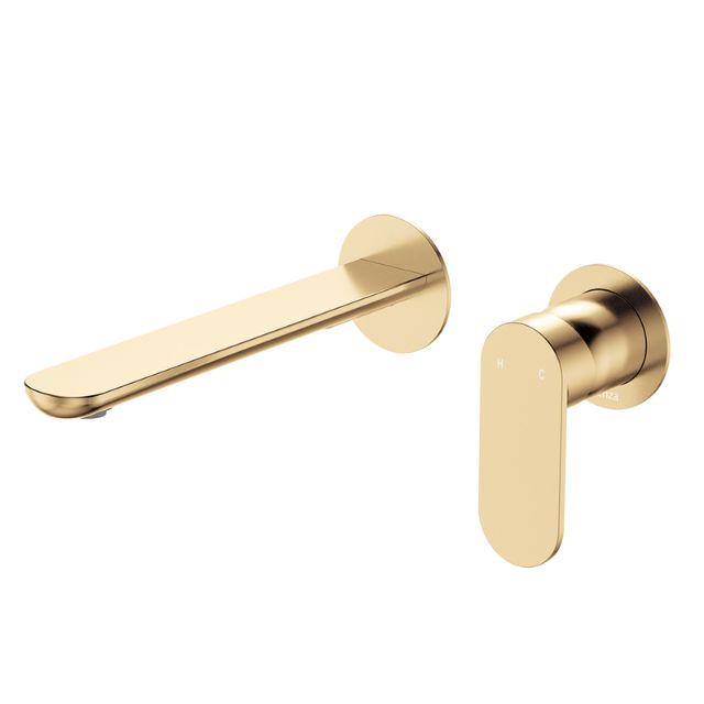Fienza Empire wall mixer set in urban brass with round plates and 200mm slim spout, shown on white background