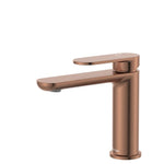 Fienza Empire Slim basin mixer tap in brushed copper, shown on white background with slim round spout and lever handle