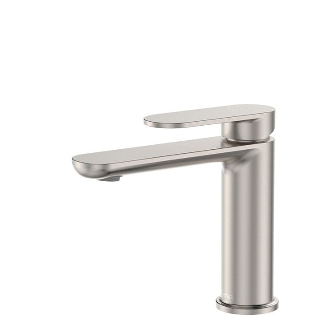 Fienza Empire Slim basin mixer tap in brushed nickel, slim round design with swivel spout on white background