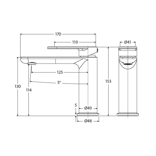 Fienza Empire Slim basin mixer technical drawing in matte black, showing side and front views with dimensions and swivel spout linework