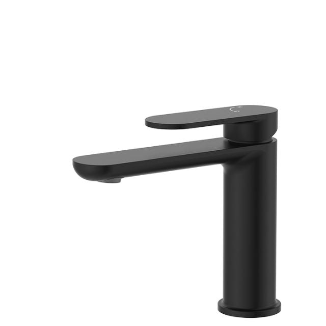 Fienza Empire Slim basin mixer tap in matte black, slim modern design with round swivel spout, side view on white background