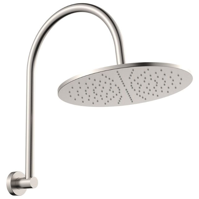 Fienza Empire Slim curved shower arm and round head in brushed nickel, wall mounted on white background