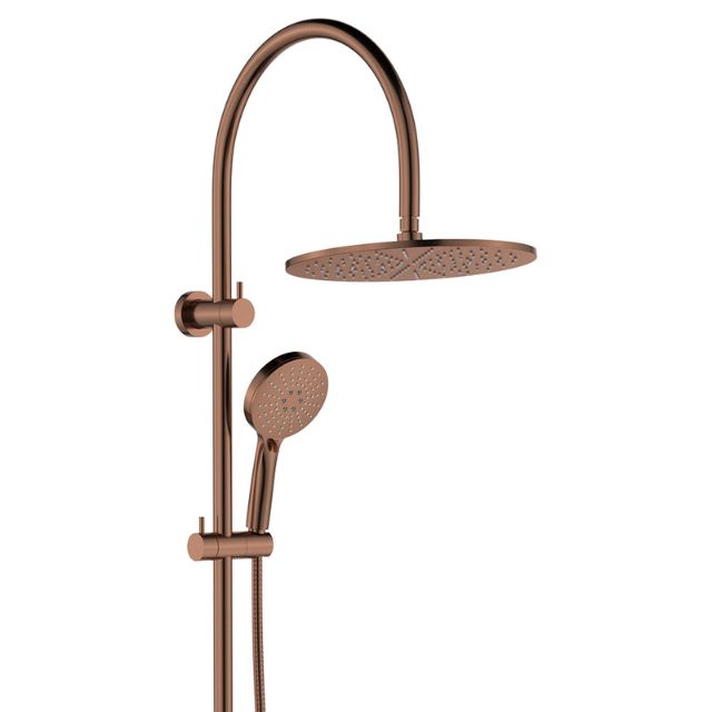 Fienza Empire Slim curved twin shower in brushed copper, with overhead rain head and hand shower on rail, wall-mounted