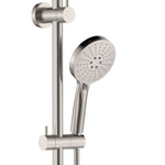 Fienza Empire Slim curved twin shower in brushed nickel, with overhead rail, slider and hand shower against white background