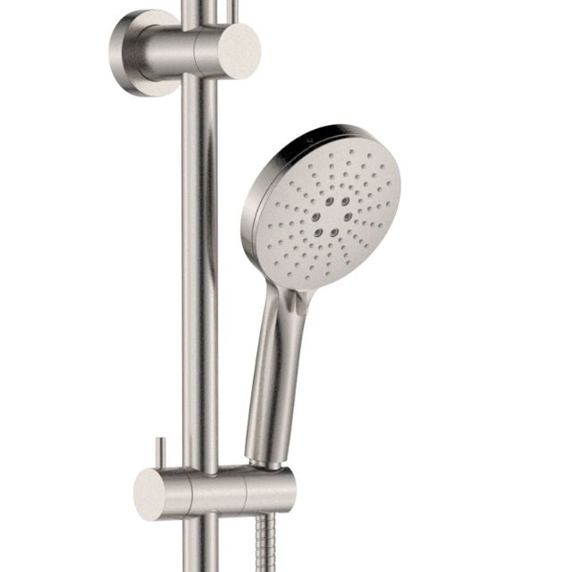 Fienza Empire Slim curved twin shower in brushed nickel, with overhead rail, slider and hand shower against white background