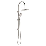 Fienza Empire Slim curved twin shower in brushed nickel, with overhead round shower head and hand shower on rail