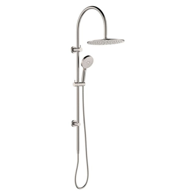 Fienza Empire Slim curved twin shower in brushed nickel, with overhead round shower head and hand shower on rail