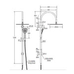 Fienza Empire Slim twin shower technical drawing in brushed nickel, showing curved rail, overhead and hand shower with dimensions