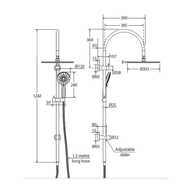 Fienza Empire Slim twin shower technical drawing in brushed nickel, showing curved rail, overhead and hand shower with dimensions