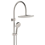Fienza Empire Slim curved twin shower in brushed nickel, with overhead round shower head and hand shower on rail