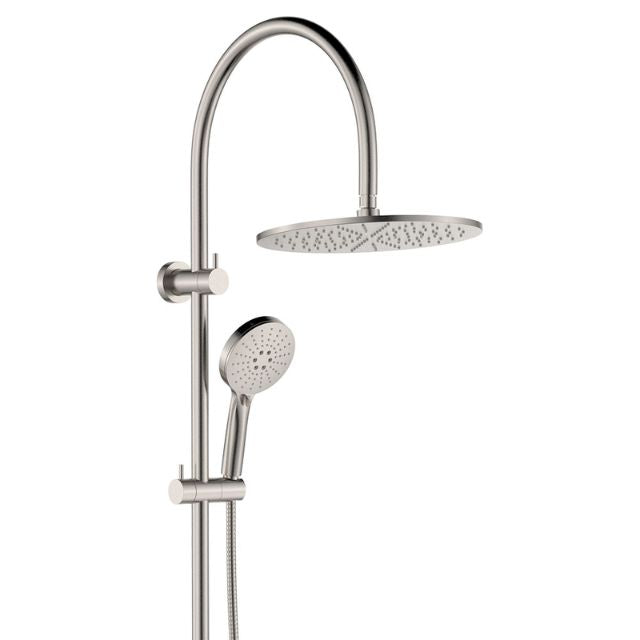 Fienza Empire Slim curved twin shower in brushed nickel, with overhead round shower head and hand shower on rail