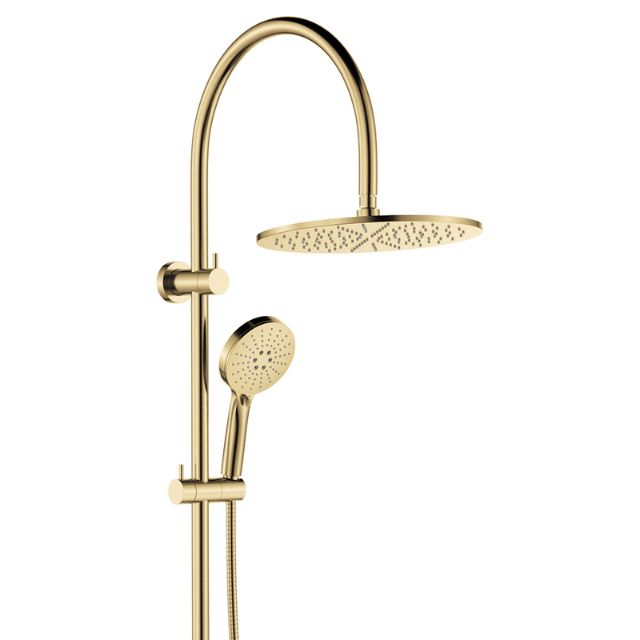 Fienza Empire Slim curved twin shower in Urban Brass, with round overhead rose and hand shower on a wall rail