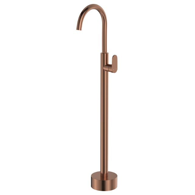 Fienza Empire Slim floor-mounted bath mixer in brushed copper, tall slim freestanding tap with swivel outlet