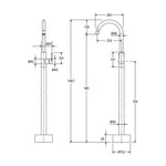 Technical drawing of Fienza Empire Slim floor-mounted basin/bath mixer in matte black, showing side and front dimensions