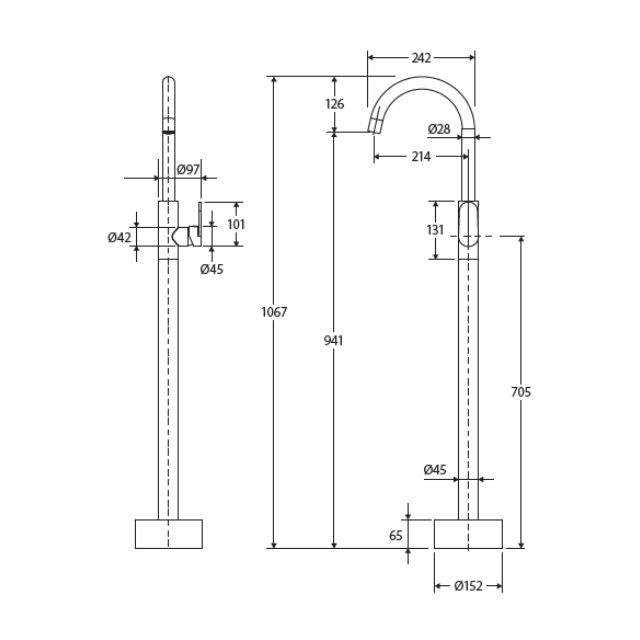 Fienza Empire Slim floor-mounted basin/bath mixer technical drawing in urban brass, with dimensions shown, front and side views