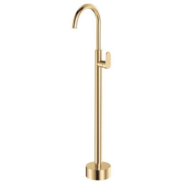 Fienza Empire Slim floor-mounted bath mixer in urban brass, slim curved freestanding tap with round base view