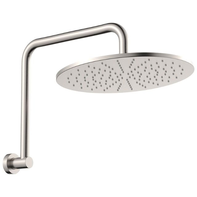 Fienza Empire Slim gooseneck shower arm set in brushed nickel, wall-mounted with round shower head