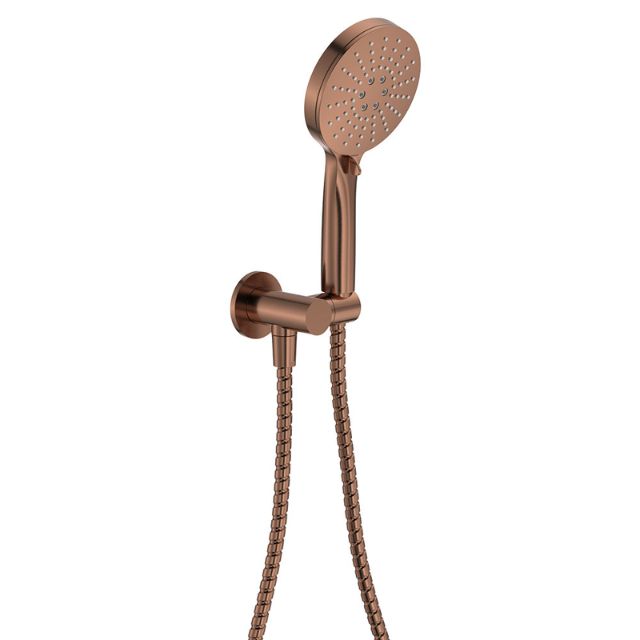 Fienza Empire Slim round hand shower in brushed copper, shown wall-mounted with hose and bracket on white background