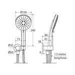 Fienza Empire Slim round plate hand shower technical drawing in brushed nickel, front and side views with dimensions and 1.5 metre hose