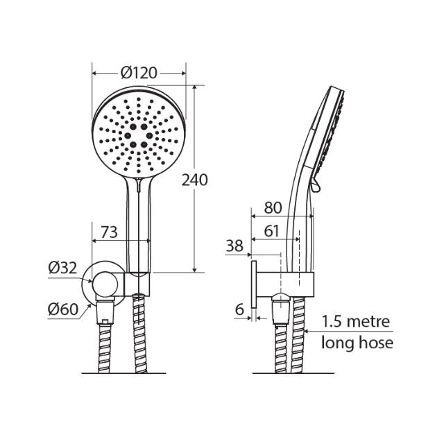 Fienza Empire Slim round plate hand shower technical drawing in brushed nickel, front and side views with dimensions and 1.5 metre hose