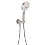 Fienza Empire Slim round hand shower and wall bracket in brushed nickel with flexible hose on white background