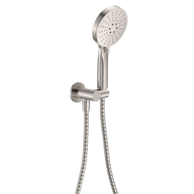 Fienza Empire Slim round hand shower and wall bracket in brushed nickel with flexible hose on white background