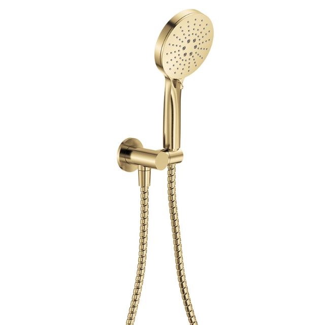 Fienza Empire Slim round hand shower in Urban Brass, wall-mounted with hose and bracket on white background