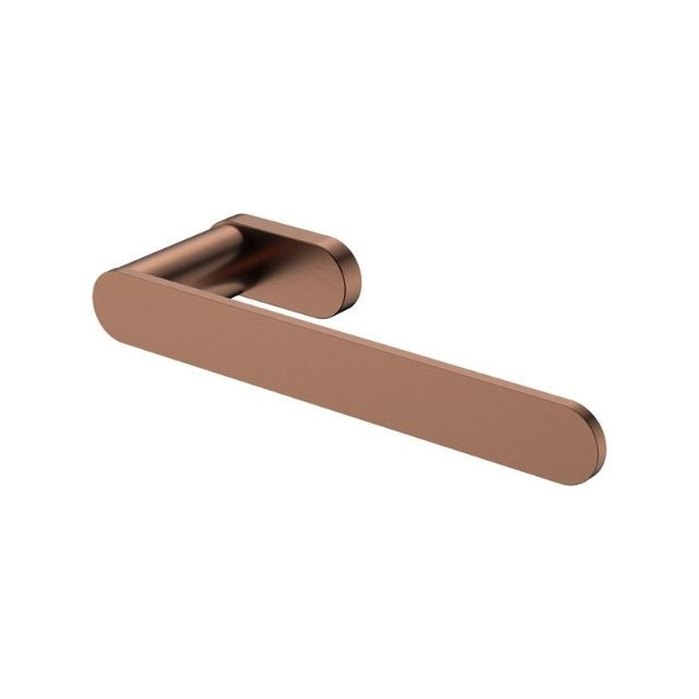 Fienza Empire Slim hand towel holder in brushed copper, slim rounded bathroom wall mount on white background