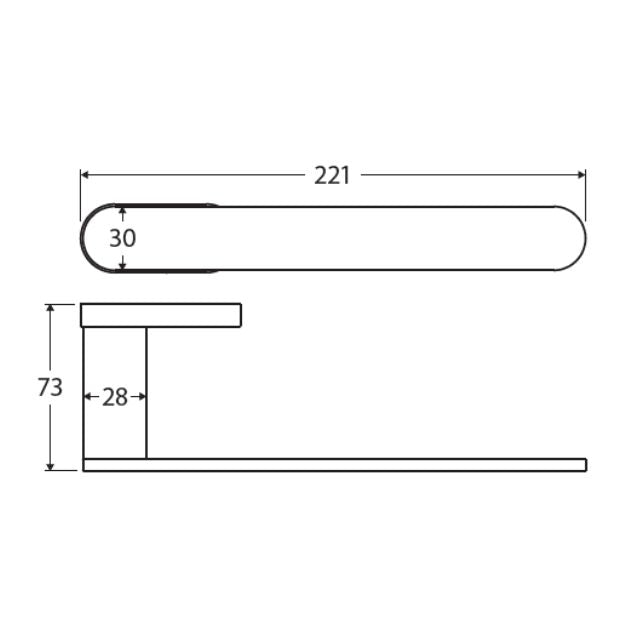 Technical drawing of Fienza Empire Slim hand towel holder in brushed nickel, showing front and side views with 221 mm length and 73 mm depth.