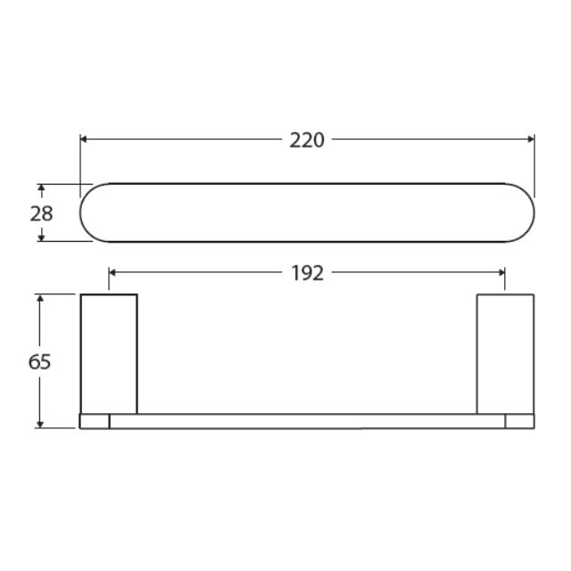 Fienza Empire Slim hand towel rail technical drawing in matte black, 220mm long with rounded profile and fixing dimensions.