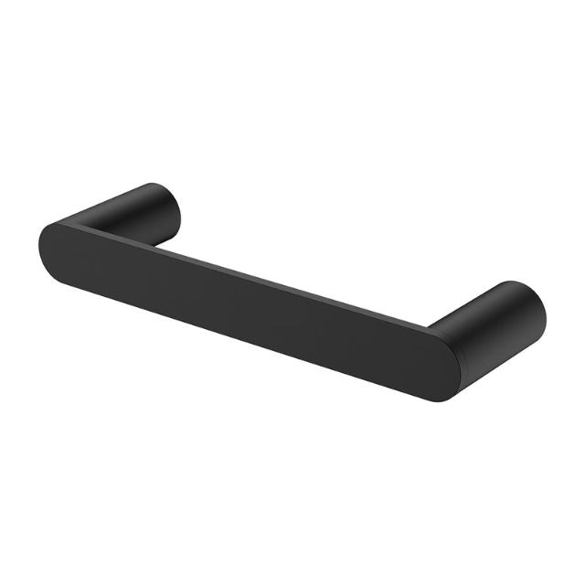 Fienza Empire Slim hand towel rail in matte black, 220mm, with a slim rounded stainless steel profile on white background