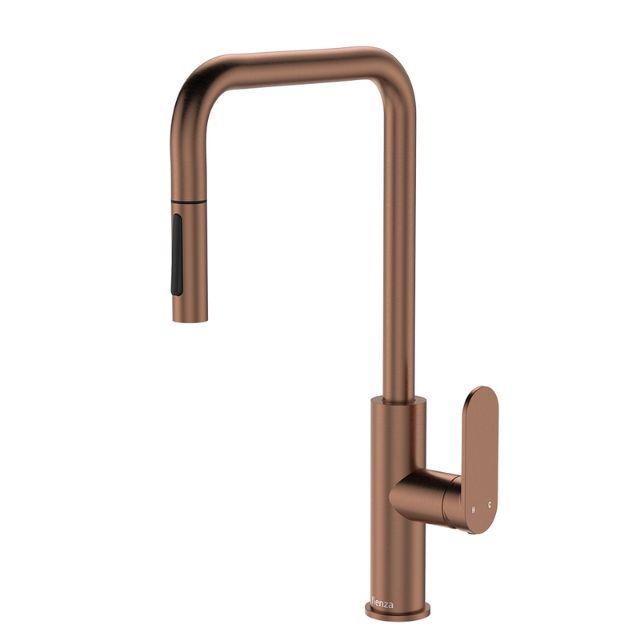 Fienza Empire Slim pull out sink mixer in brushed copper, with high arched swivel spout and lever handle on white background