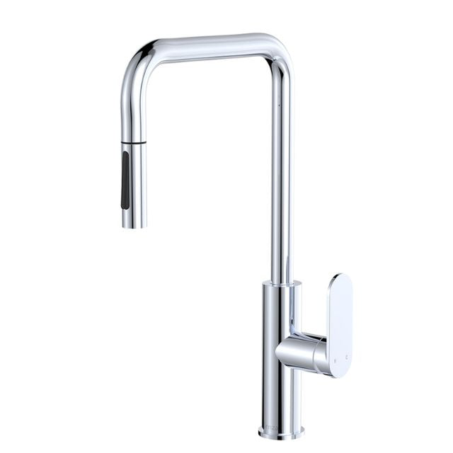 Fienza Empire Slim pull out sink mixer in chrome, with swivel gooseneck spout and side lever handle on white background