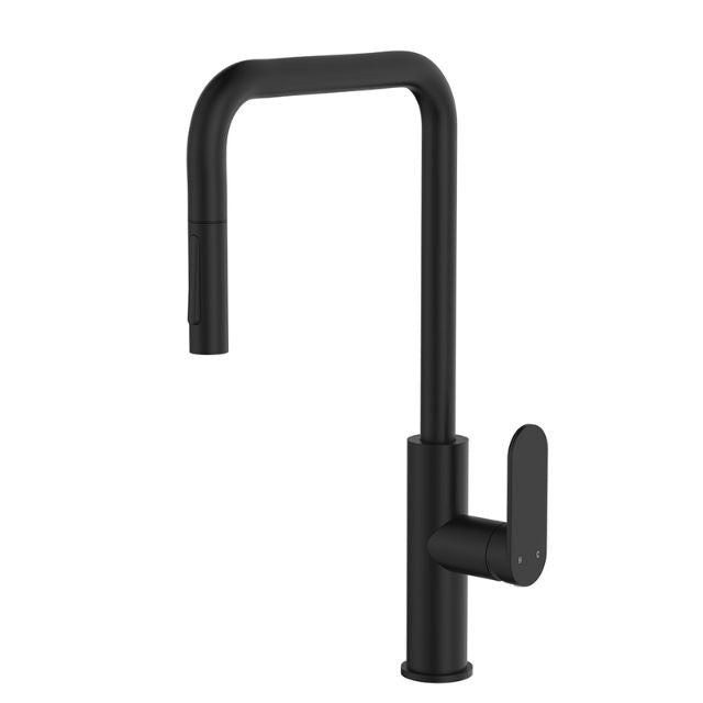 Fienza Empire Slim pull out sink mixer in matte black, side view with tall swivel gooseneck and lever handle
