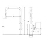 Fienza Empire Slim pull out sink mixer technical drawing in urban brass, showing dimensions, side and front views