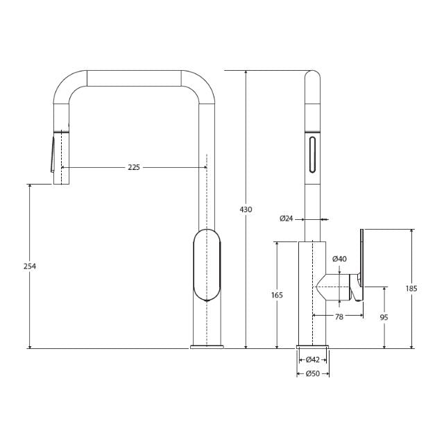 Fienza Empire Slim pull out sink mixer technical drawing in urban brass, showing dimensions, side and front views