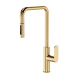 Fienza Empire Slim pull-out sink mixer in Urban Brass, slim swivel tap with lever handle and spray nozzle