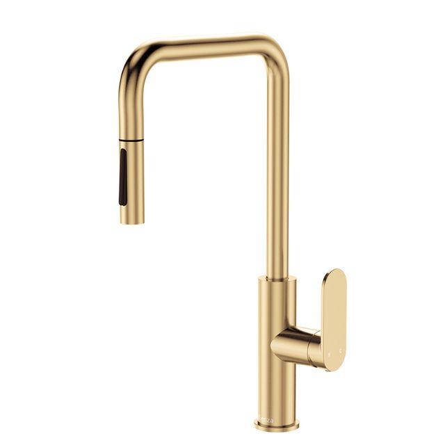Fienza Empire Slim pull-out sink mixer in Urban Brass, slim swivel tap with lever handle and spray nozzle