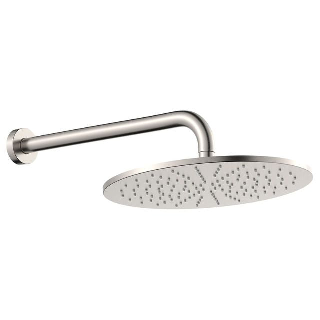 Fienza Empire Slim brushed nickel wall shower arm with round overhead shower head