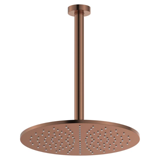 Fienza Empire Slim ceiling shower head in brushed copper, round overhead dropper with slim arm